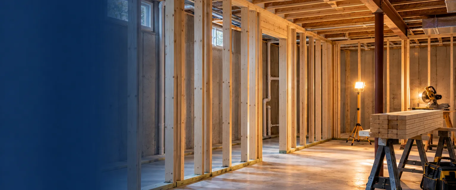 A partly built basement with new bottom plates on the concrete floor, straight stud walls, blocking between joists and a sawhorse of cut boards