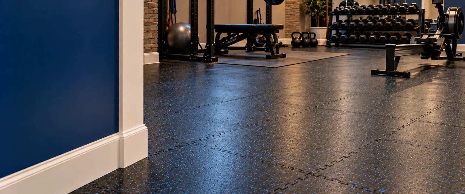A basement home gym with interlocking black rubber tiles flecked with blue, a squat rack, dumbbells on a rack and a rowing machine