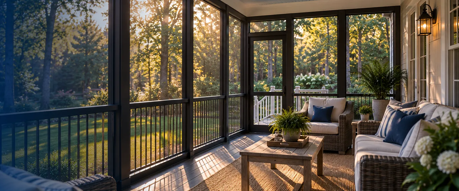 A finished screened porch off the back of a colonial home seen from inside, dark framed screen panels, a ceiling fan, wicker furniture and a rug, a wooded yard visible through the mesh