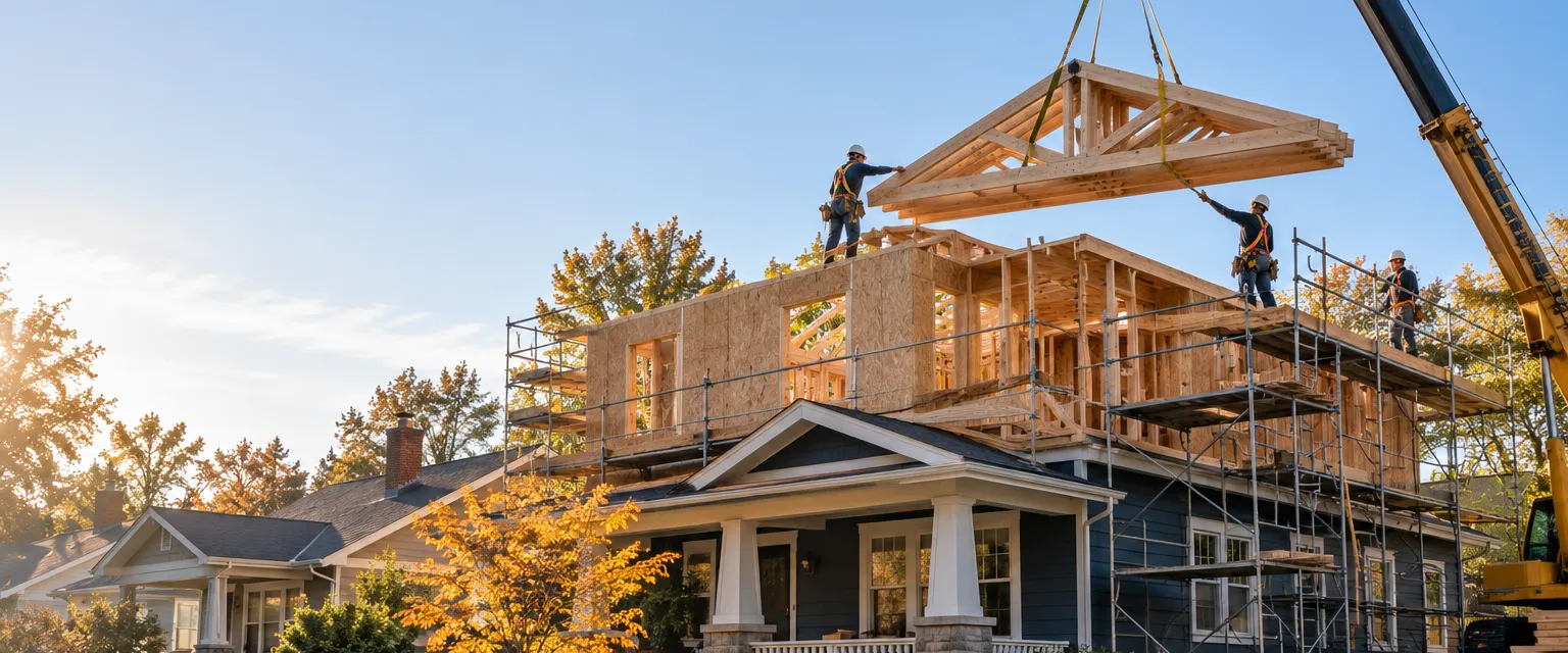 A bungalow with a new second story framed and sheathed, scaffolding with guardrails along the front and a crane lifting roof trusses