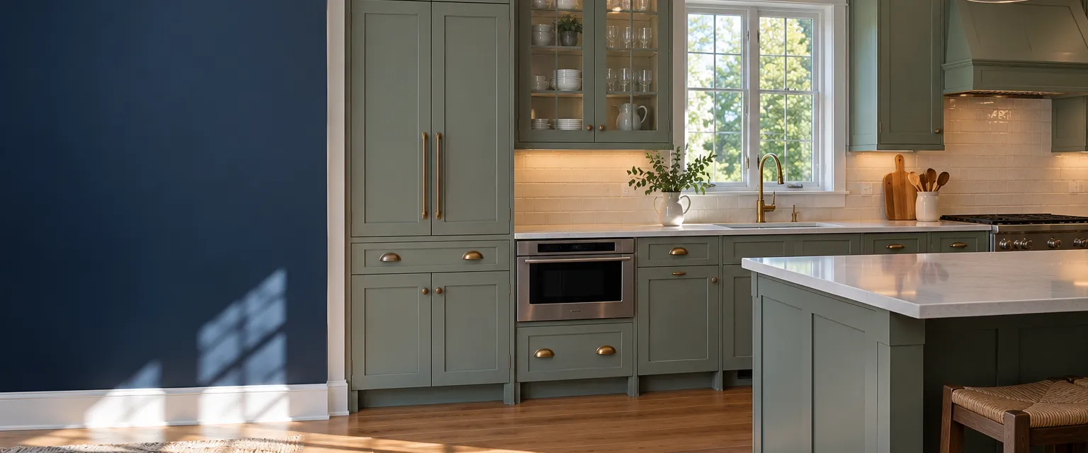 A newly installed kitchen in sage green shaker cabinets with a tall pantry, a glass-front upper and a microwave drawer, counters still bare
