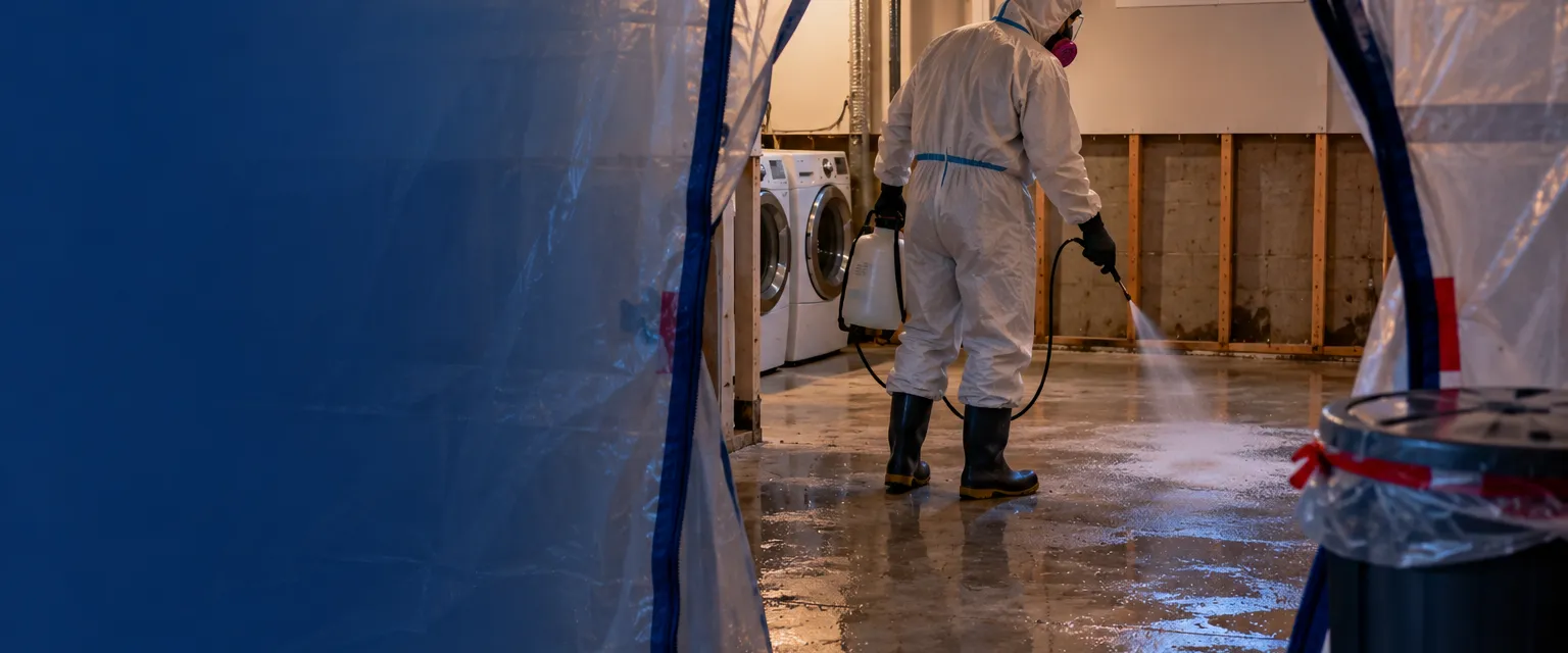 A technician in a protective suit and respirator spraying disinfectant on a basement floor inside a plastic containment