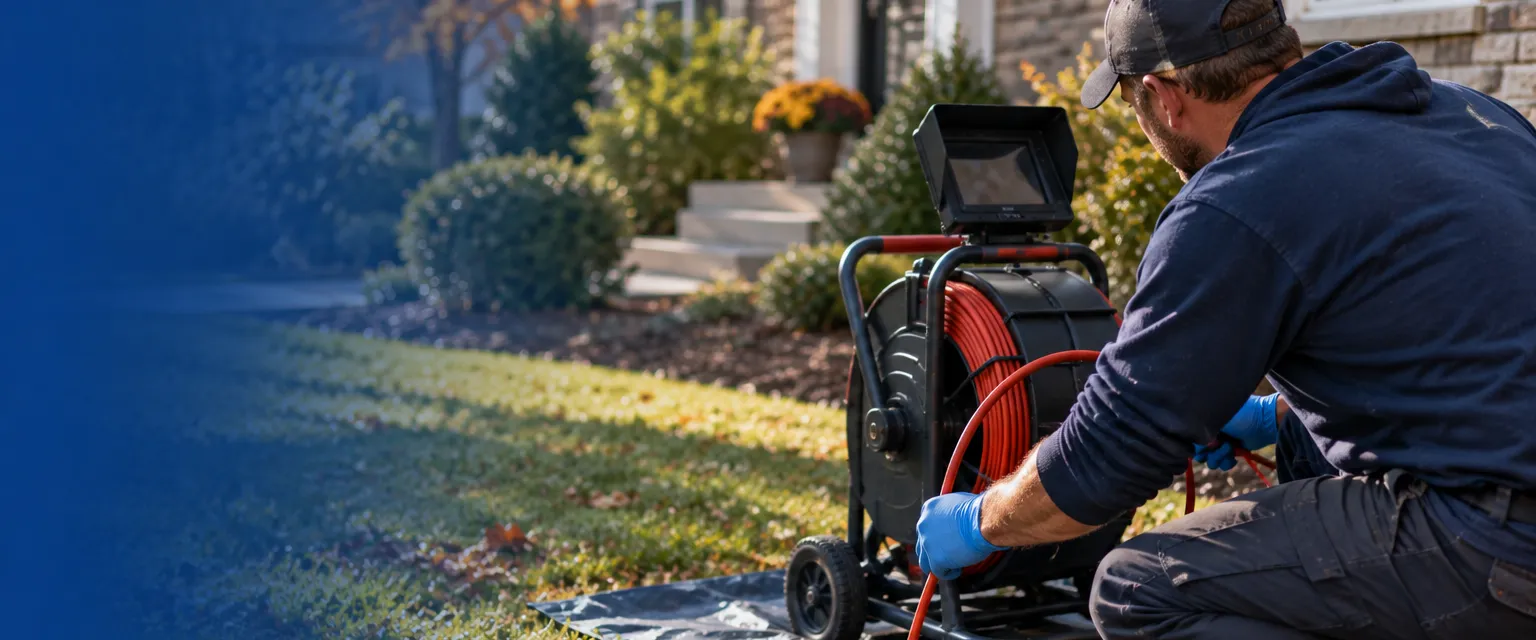 A plumber in gloves feeding a push camera cable from a reel into an open sewer cleanout in a front lawn, a tool bag on a tarp nearby