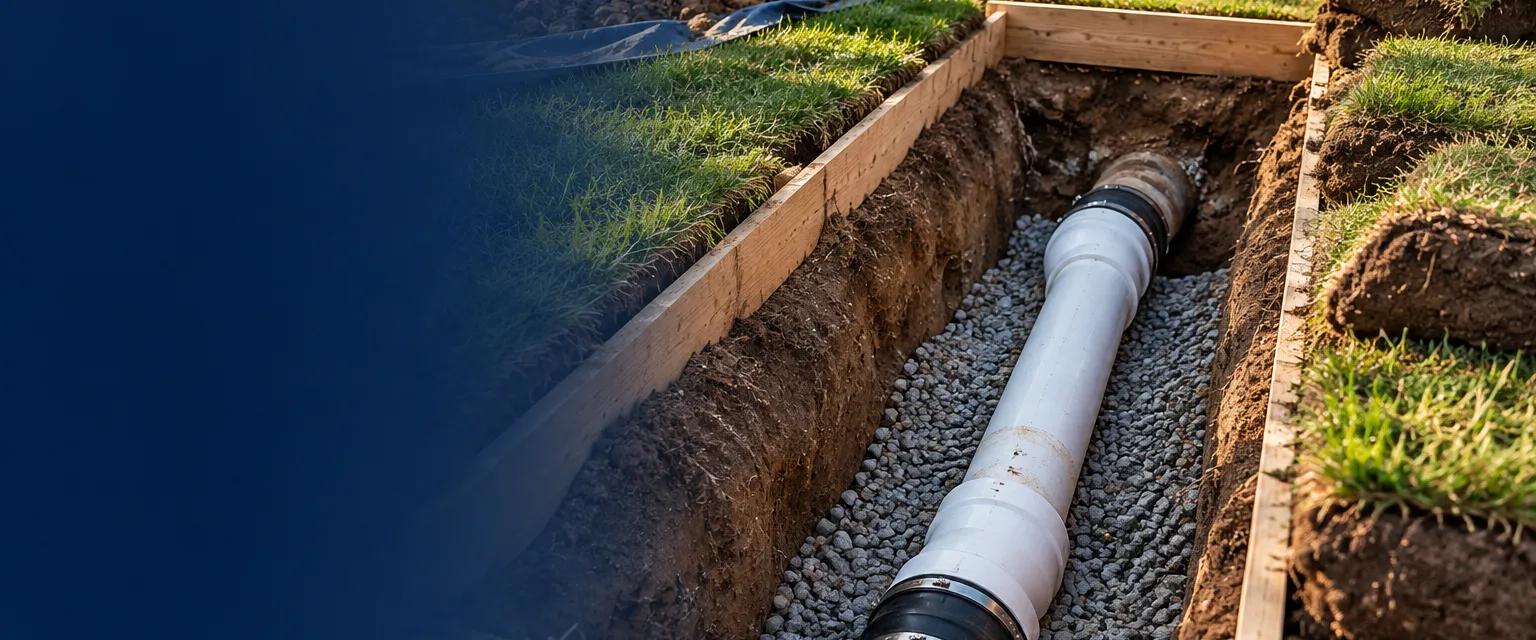 A neatly squared excavation in a suburban front lawn with plywood edge boards and sod rolled aside, revealing a new section of white PVC sewer pipe bedded in gravel with rubber couplings at each end