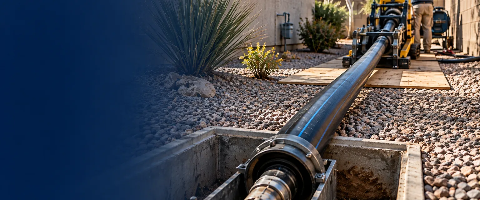 A long run of black fused plastic pipe stretched across gravel landscaping in a side yard toward a small access pit, a compact pulling machine beside it on plywood mats