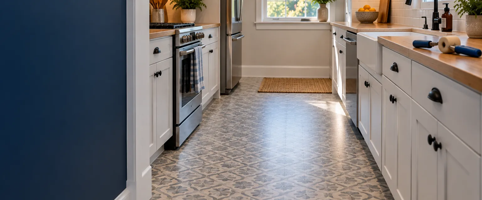 A compact galley kitchen with a single seamless sheet of patterned vinyl running wall to wall under new white baseboards