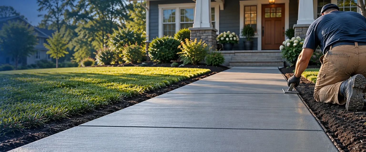 A newly poured concrete sidewalk with even joints running from the street to the front door of a bungalow, a worker smoothing the final edge with a hand tool