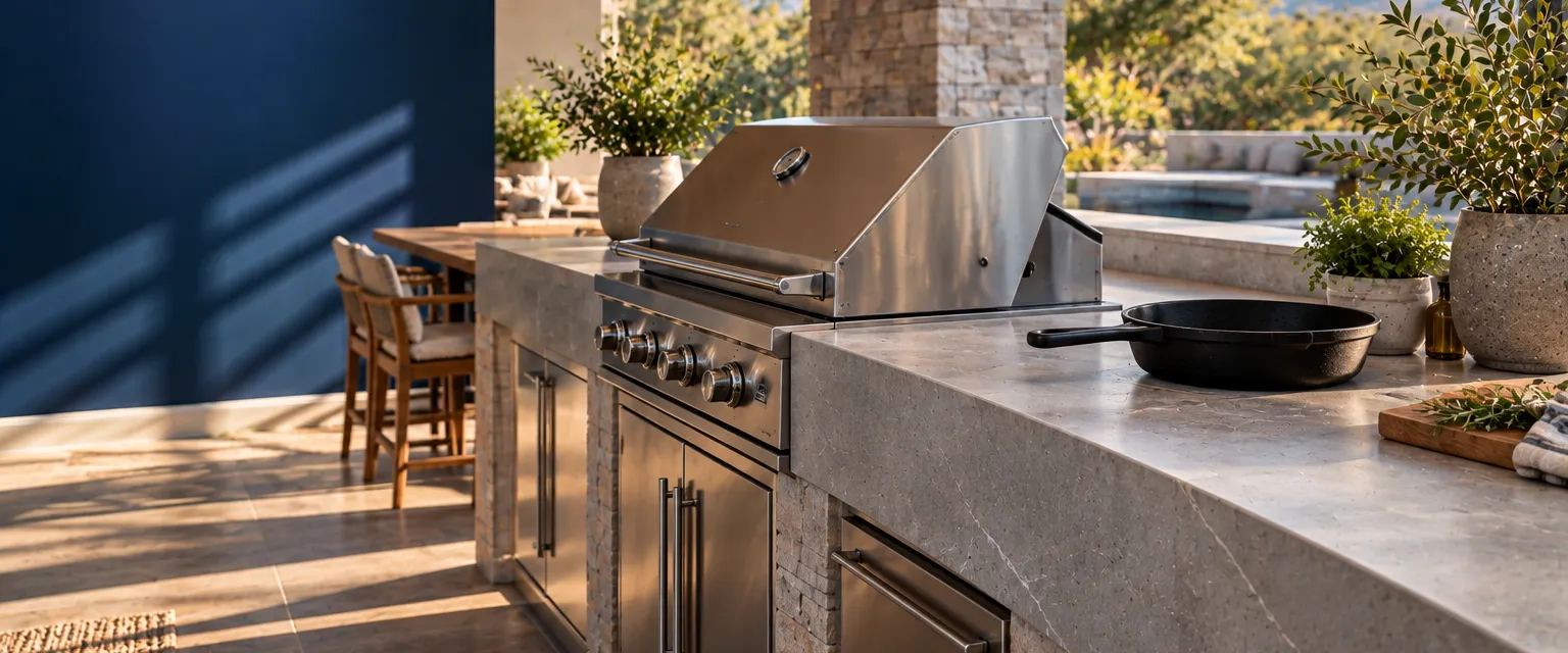 An outdoor kitchen on a covered patio with a matte pale-gray sintered stone counter around a grill station, a cast-iron pan resting on it