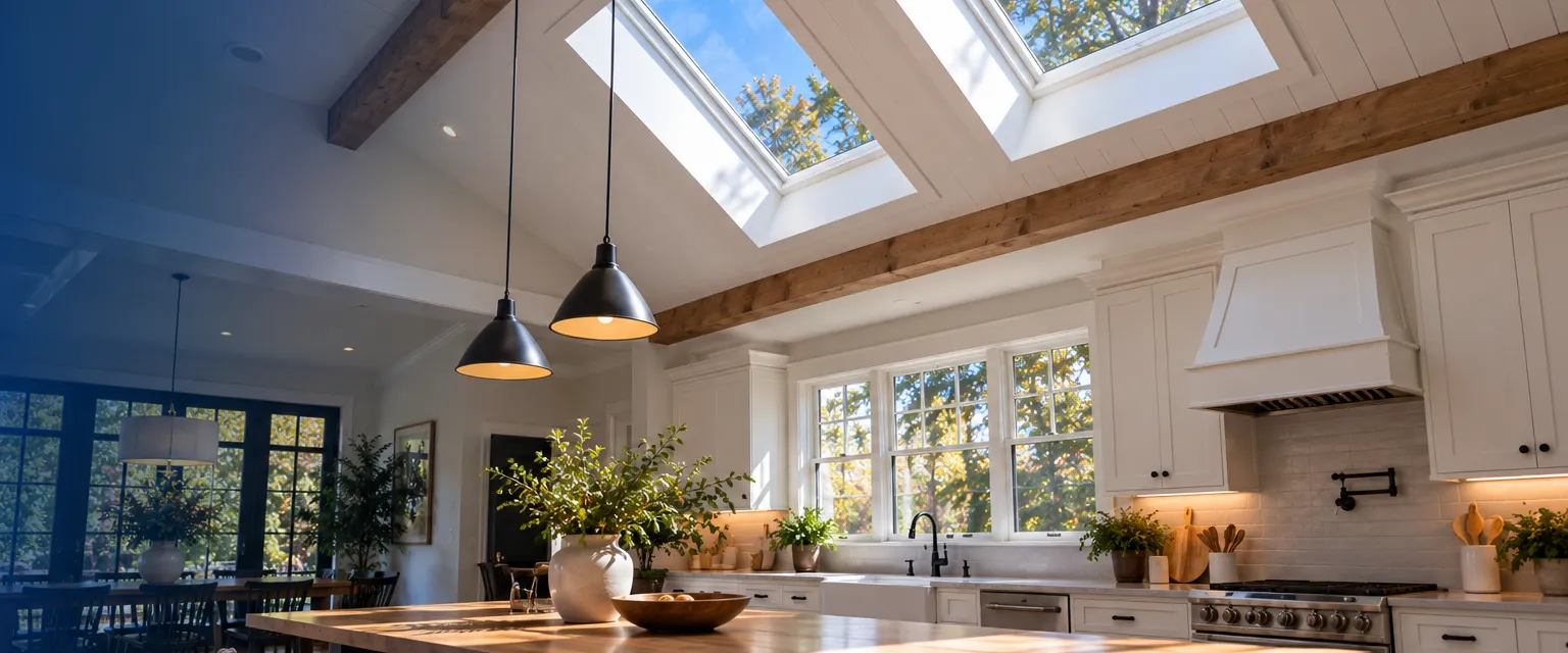 A bright vaulted kitchen with two new rectangular skylights set into a white tongue-and-groove ceiling, sunlight falling onto a wooden island below