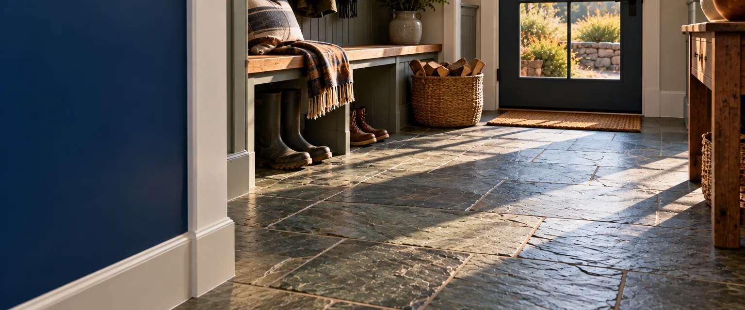 A farmhouse mudroom floor of dark green-gray cleft slate tiles, a wool coat on a peg and a basket of firewood by the back door