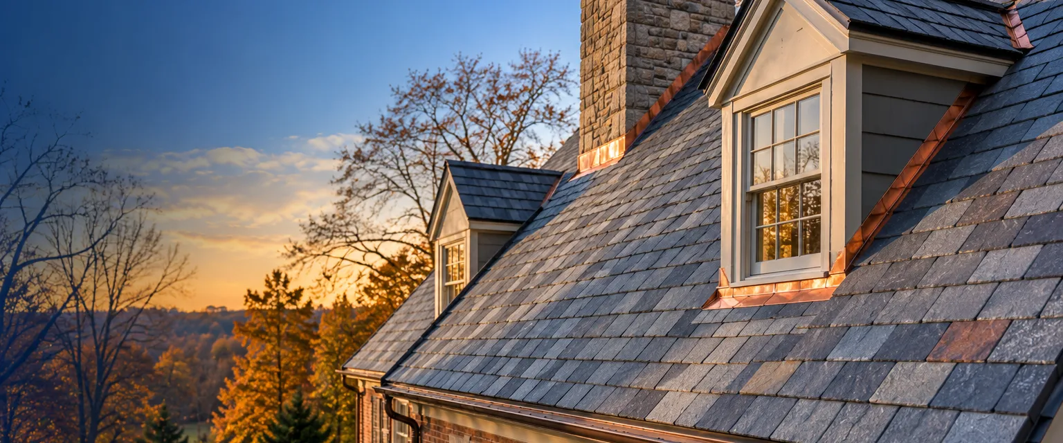 A steep slate roof on an older brick home, gray-blue slates in even courses, copper flashing at a dormer and a stone chimney, bare autumn branches nearby