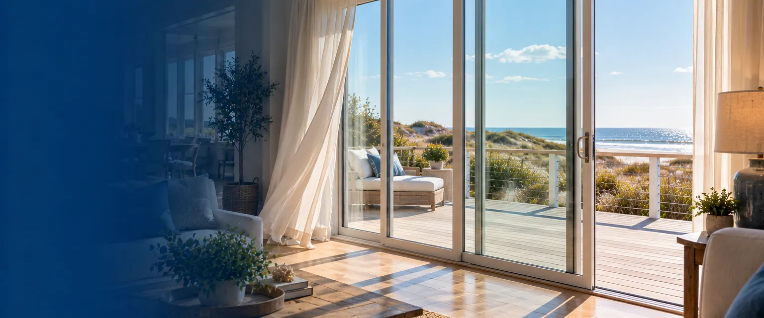 A large multi-panel glass sliding door partly open in a coastal home living room, slim white frames gliding along a flush track, a bright deck and dune grass beyond