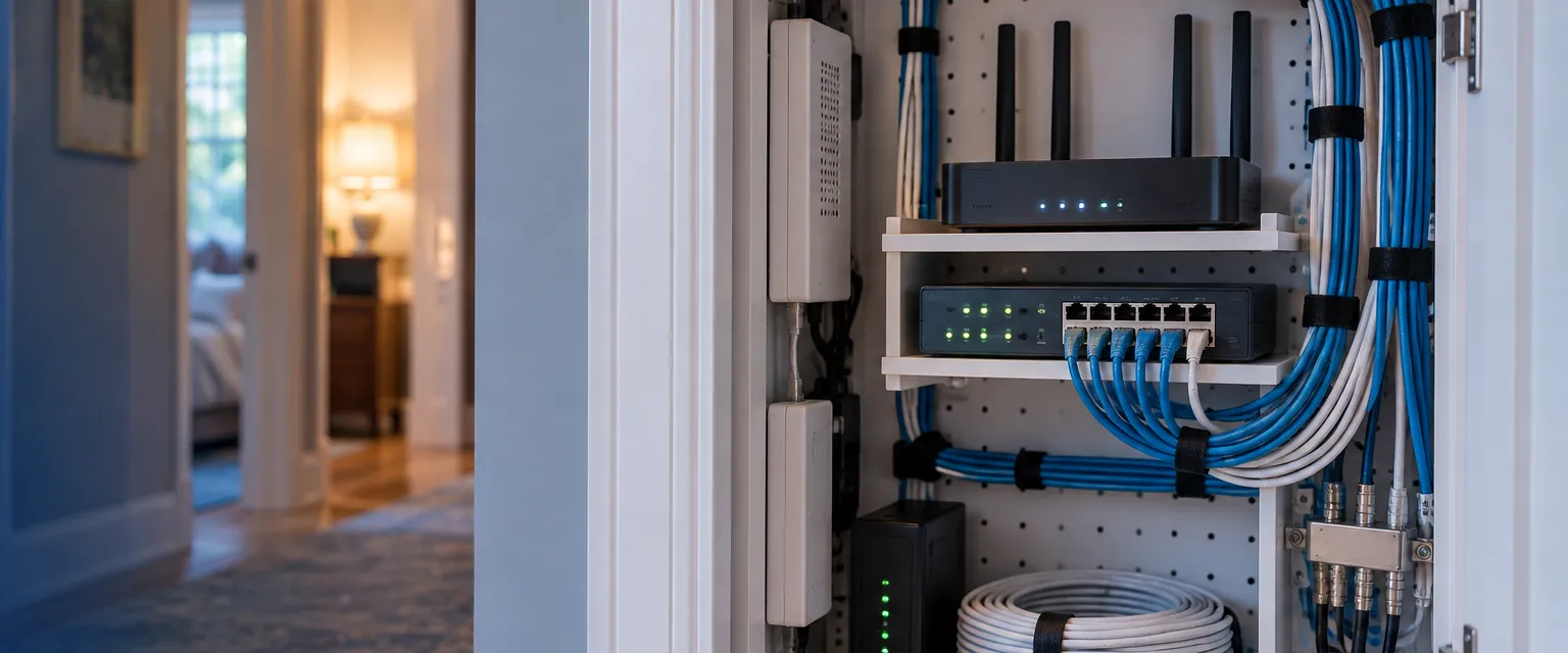 A structured wiring enclosure open in a hall closet, network cables dressed with hook-and-loop straps into a small router and switch with tiny indicator lights, a coil of cable on the shelf