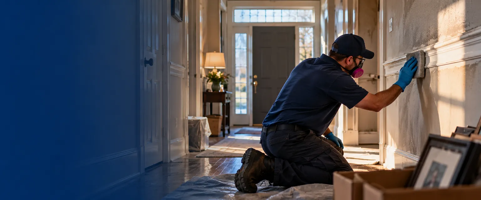 A technician in gloves and a respirator wiping a gray smoke film from white painted trim in a sunlit hallway