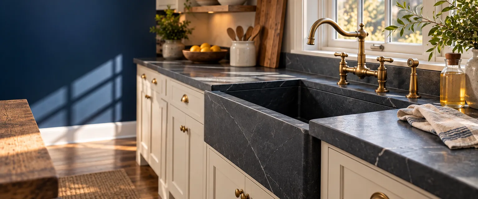 A farmhouse kitchen with matte charcoal soapstone counters and a deep integrated soapstone sink, cream cabinets below