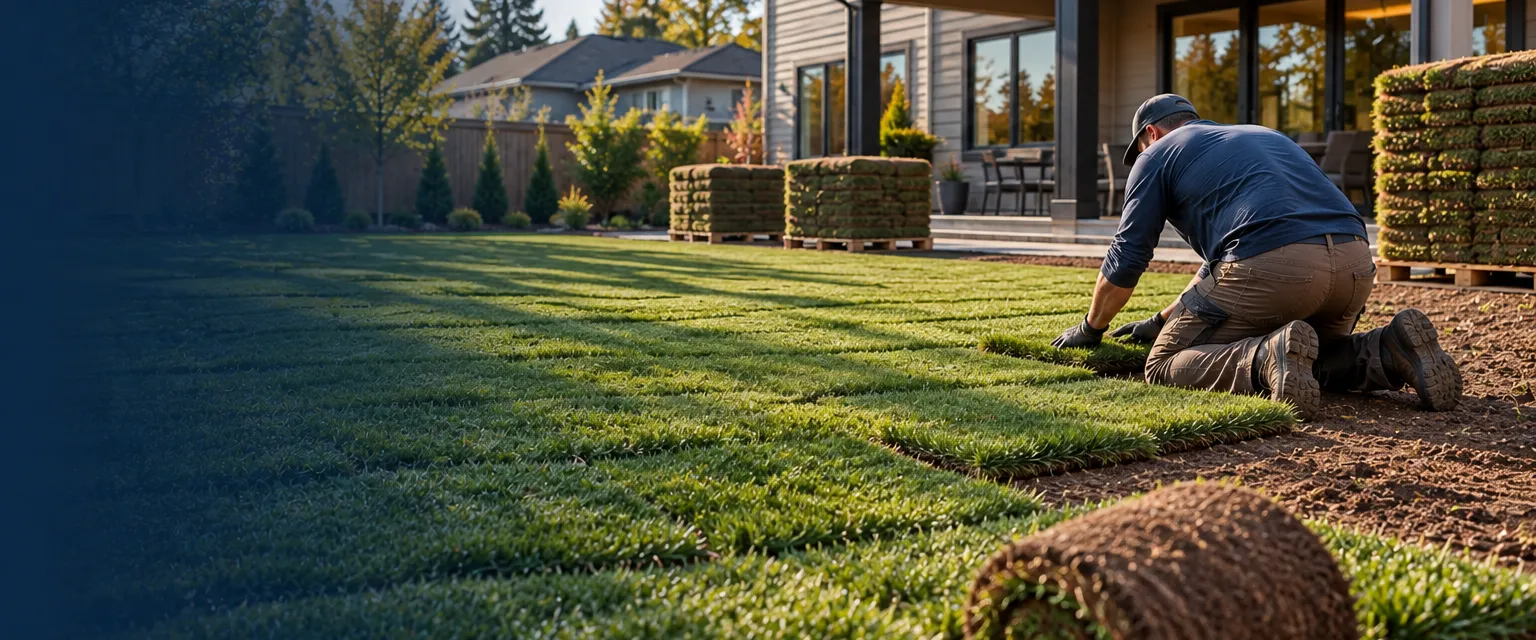 Rolls of fresh sod laid in staggered rows behind a new two-story home, a worker kneeling at a seam and pallets of sod beyond