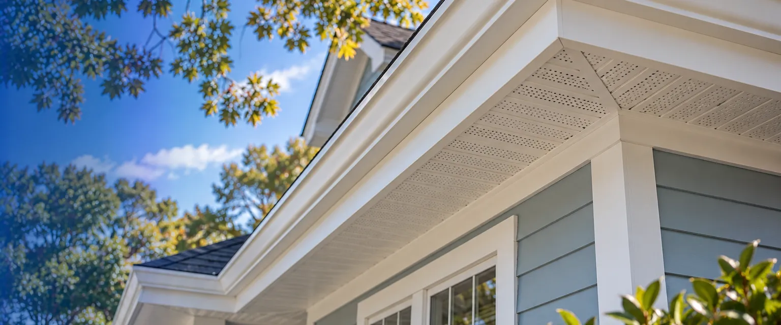 Upward view under the eave of a coastal-style home with new white fascia boards and vented soffit panels along the roof edge, a mitered corner return and pale blue siding below