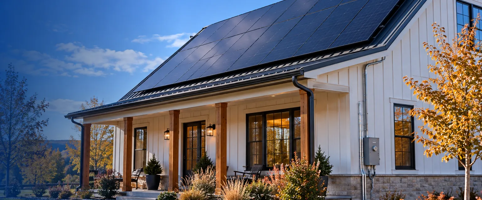 Rows of black solar panels across the roof of a modern farmhouse, conduit running down the wall to a small disconnect, blue sky and a young maple