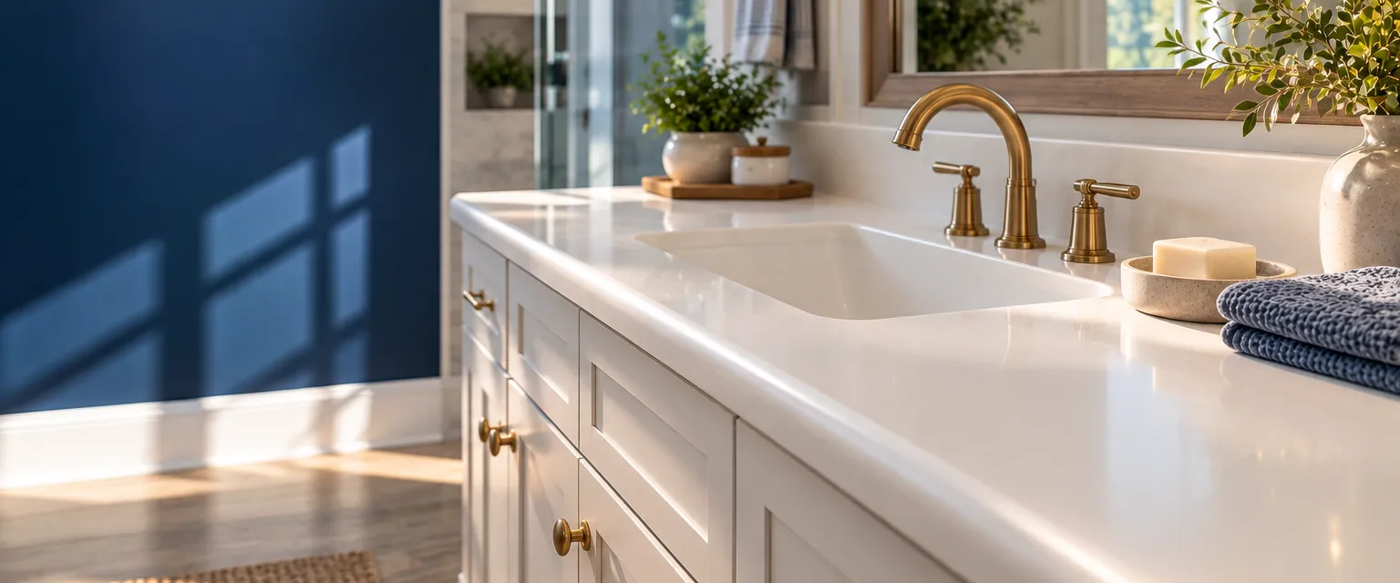 A bright bathroom vanity with a seamless solid-surface counter and sink molded as one piece, a folded towel and soap dish