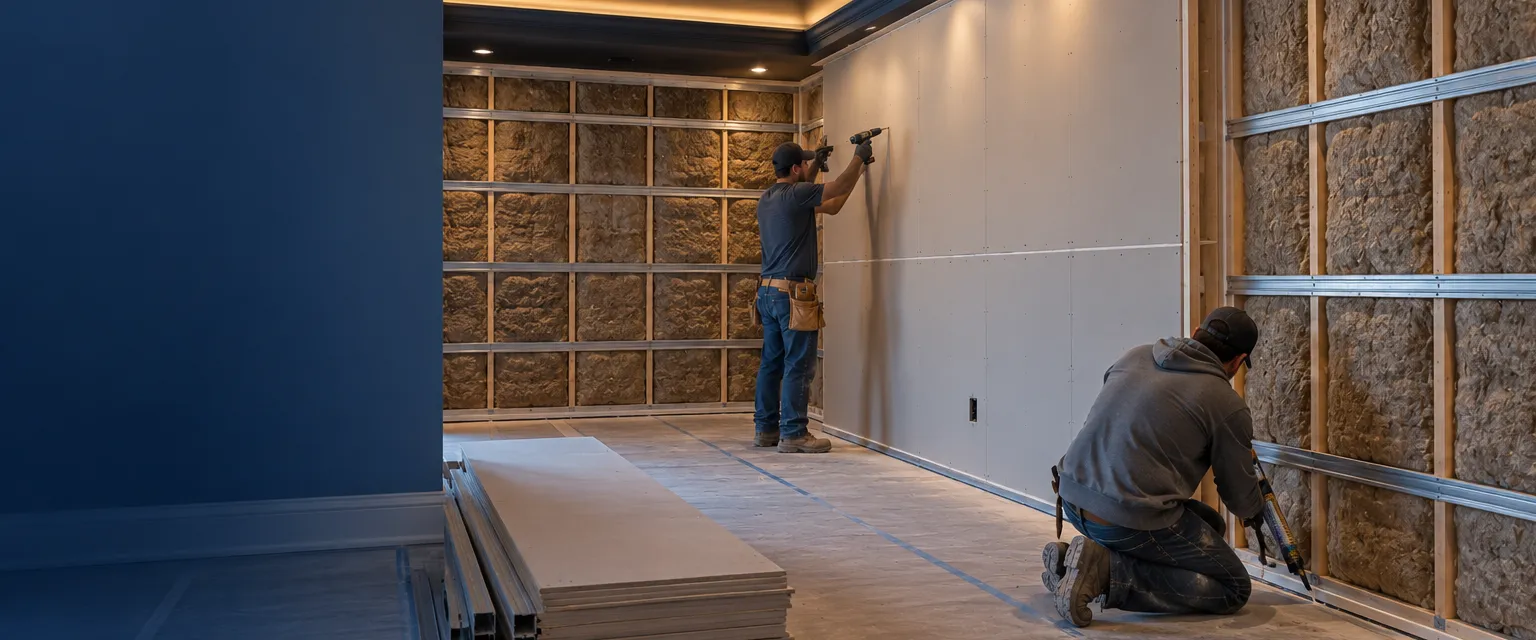 A home theater room under construction with rows of dense mineral wool batts between studs, resilient channels running across, and one wall closed with double-layer drywall, acoustic sealant visible at the edges