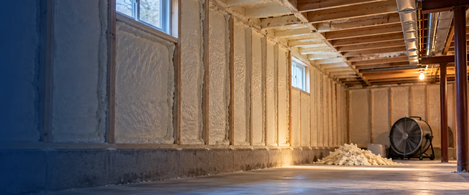 Cured cream-colored closed-cell spray foam filling the rim joists and stud bays of an unfinished basement, foam scraps swept into a pile
