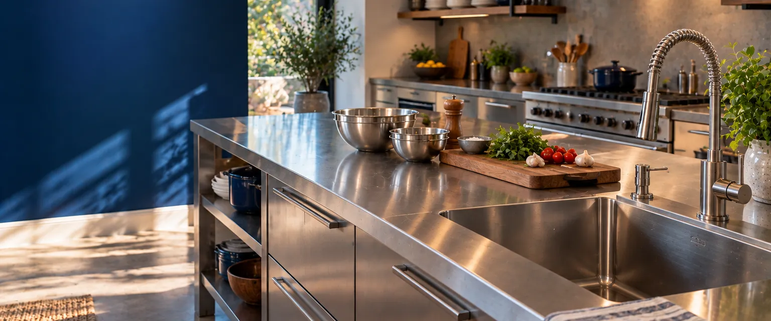 A home cook's kitchen with brushed stainless steel counters and an integrated sink, prep bowls and a cutting board, open shelving behind