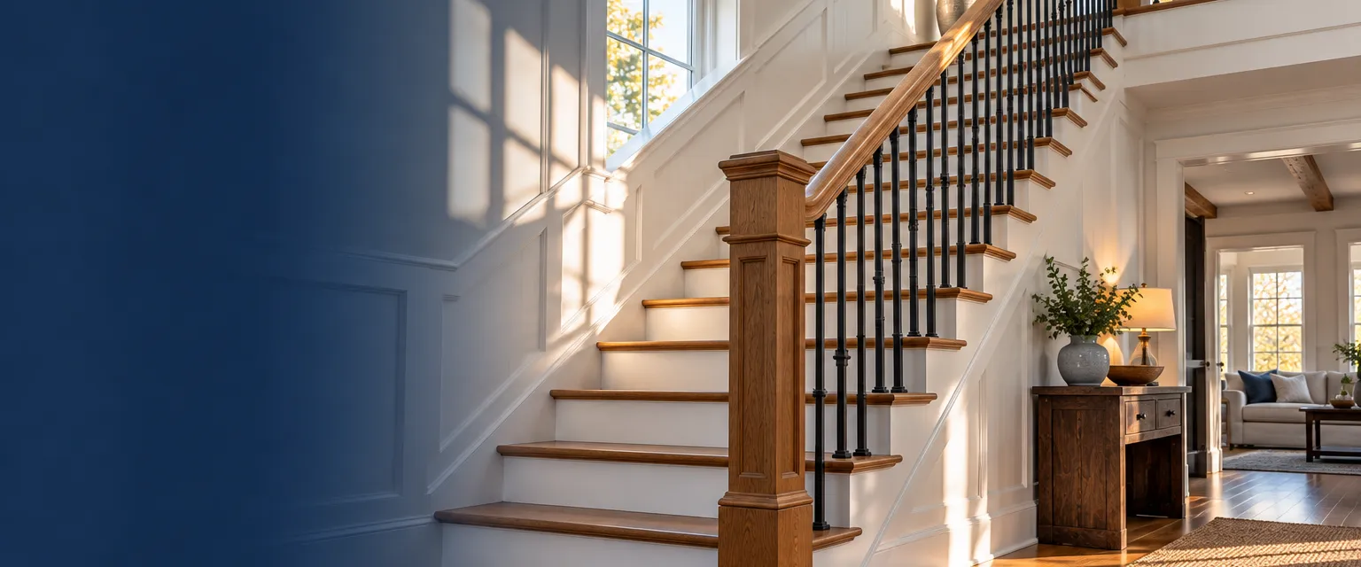 A farmhouse staircase with a new black metal baluster railing and a stained oak handrail curving into a square newel post