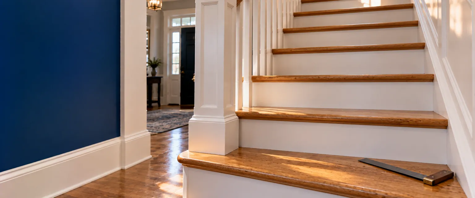 A colonial staircase with new solid oak treads and crisp white risers, the bullnose edges catching light, a square resting on one step