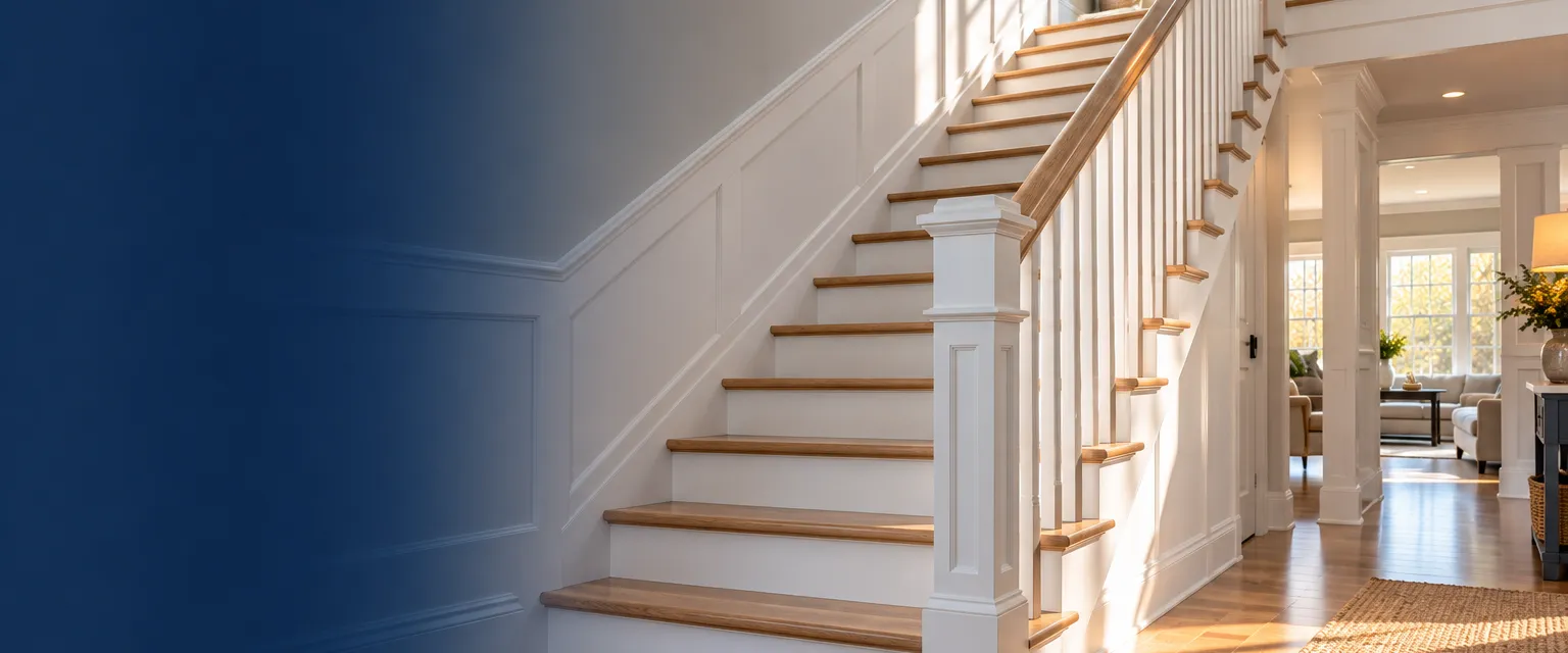 A remodeled open staircase with white oak treads, white risers and a simple white handrail rising toward a sunlit landing