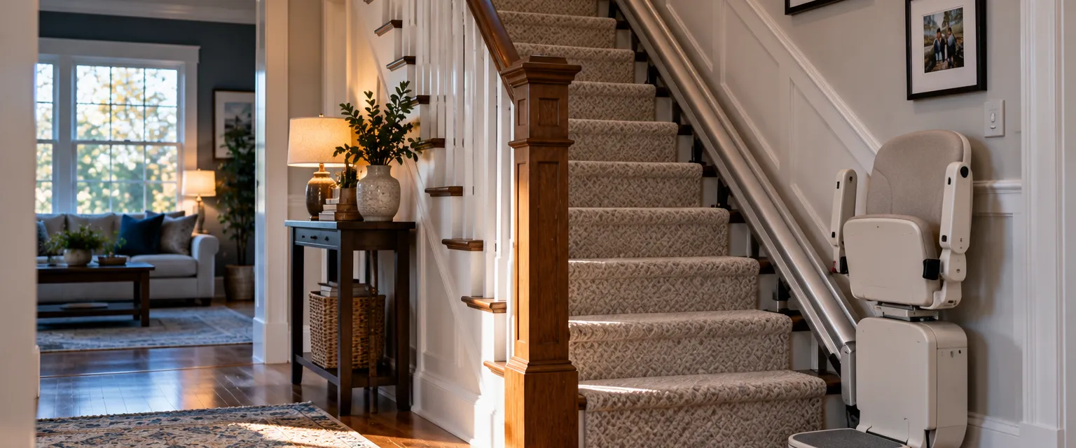 A carpeted staircase with a slim stairlift rail along the treads and a padded seat folded at the bottom
