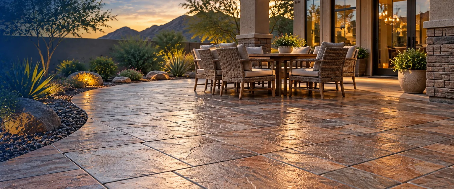 A large stamped concrete patio patterned like ashlar slate in terracotta and gray tones with a sealed finish around a backyard dining area