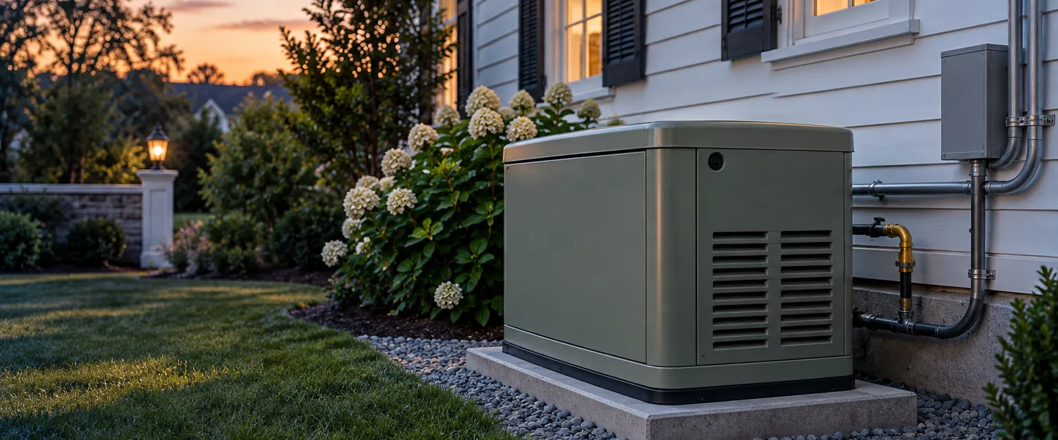 A sage-green standby generator on a new concrete pad beside a white clapboard colonial house, a gravel border, gas line and conduit tucked along the foundation and hydrangeas nearby