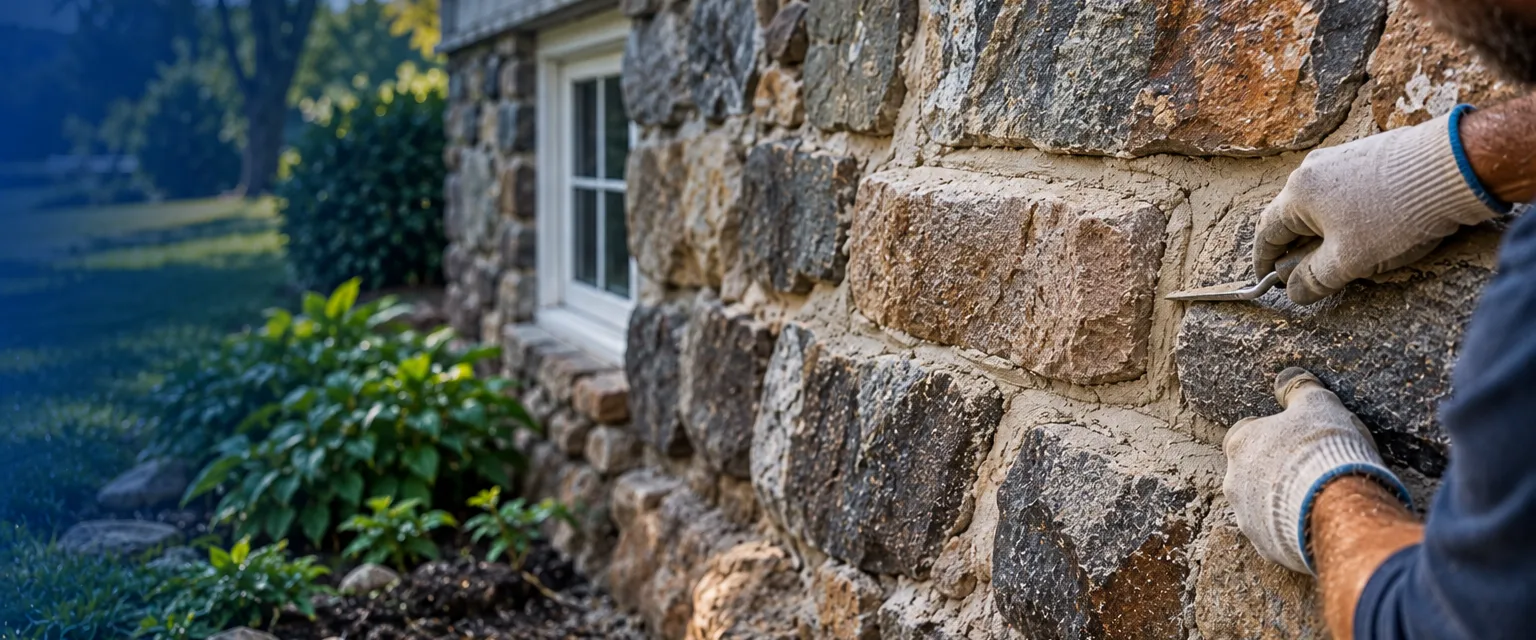 A fieldstone foundation wall of an old farmhouse with freshly reset stones and new lime mortar joints, a mason's gloved hand pressing mortar with a pointing tool