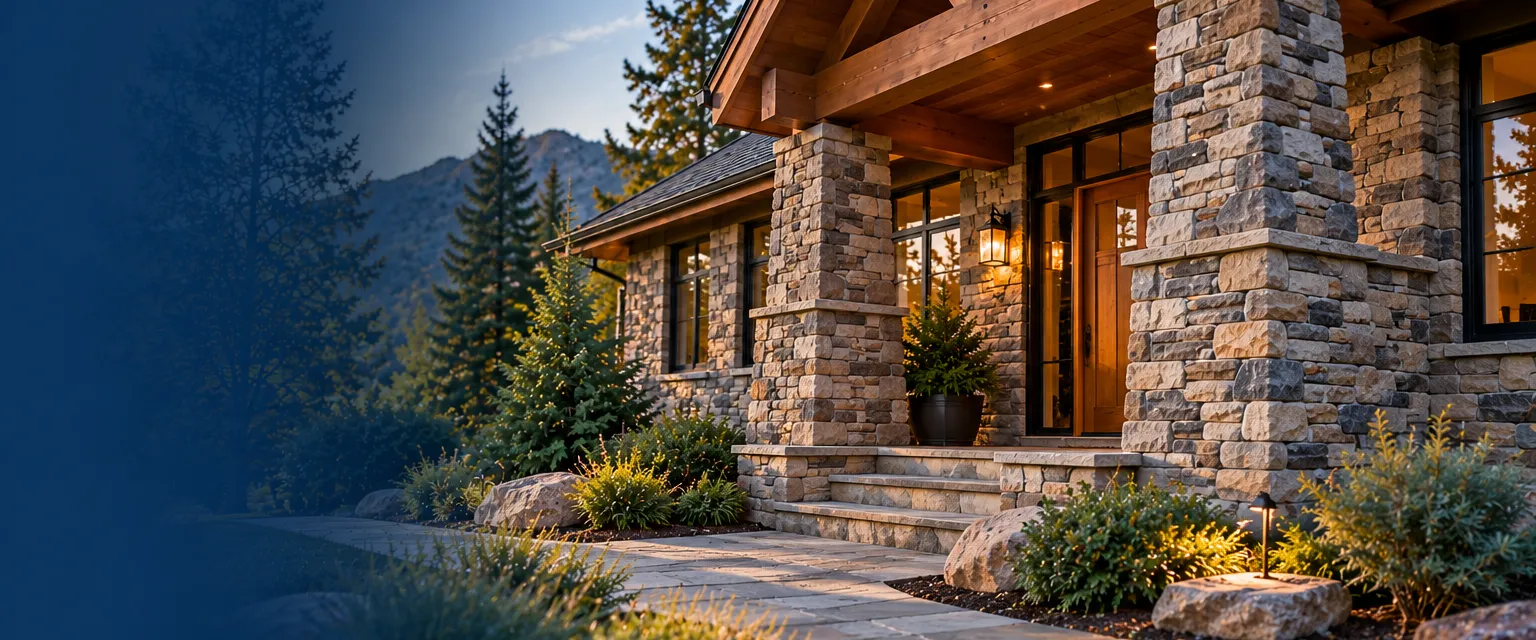 A mountain-style home entry with stacked gray and tan fieldstone veneer wrapping the porch columns and lower walls, tight dry-stack joints and heavy timber beams above
