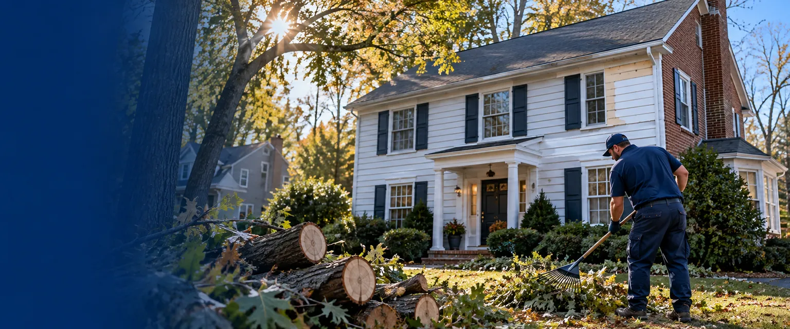 A colonial home the morning after a storm with a cut-up branch on the lawn and a section of new siding, a worker raking debris