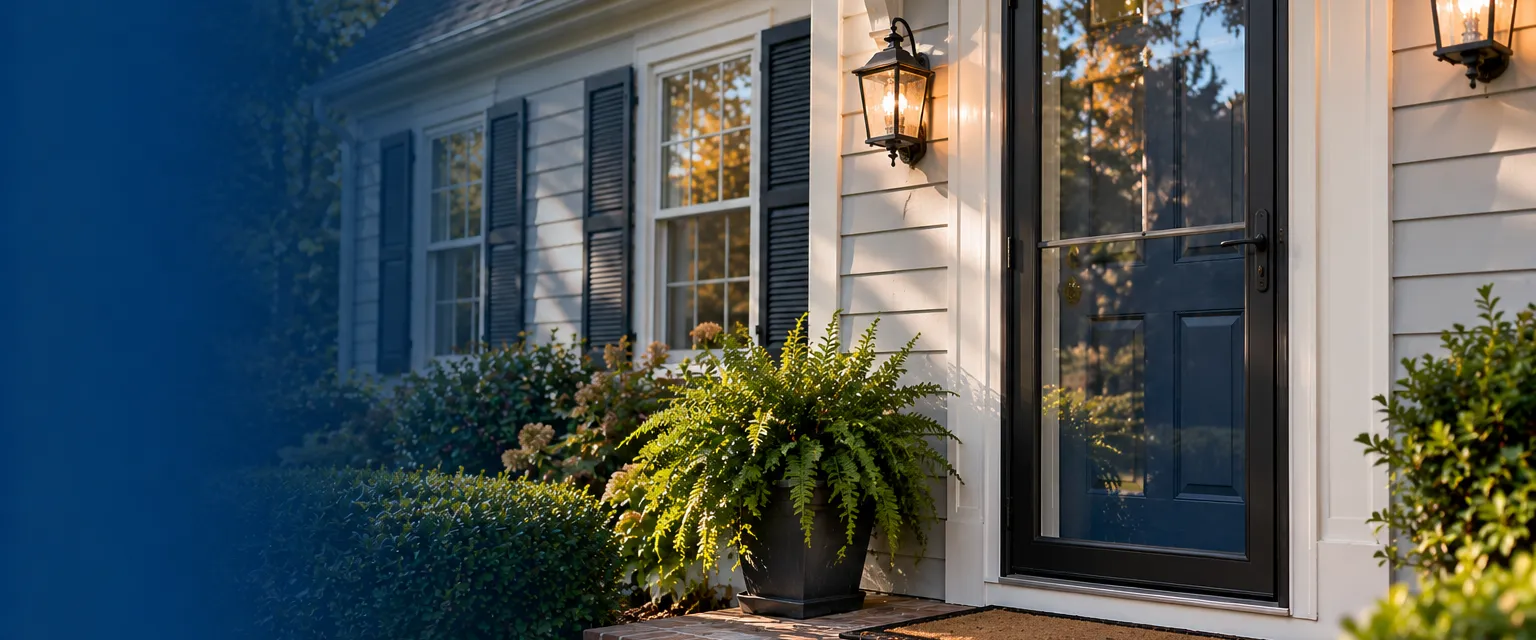 A full-view black storm door with a clear glass panel mounted over a painted navy front door on a cape-style home, a matching closer and handle, a brick stoop with a potted fern beside it