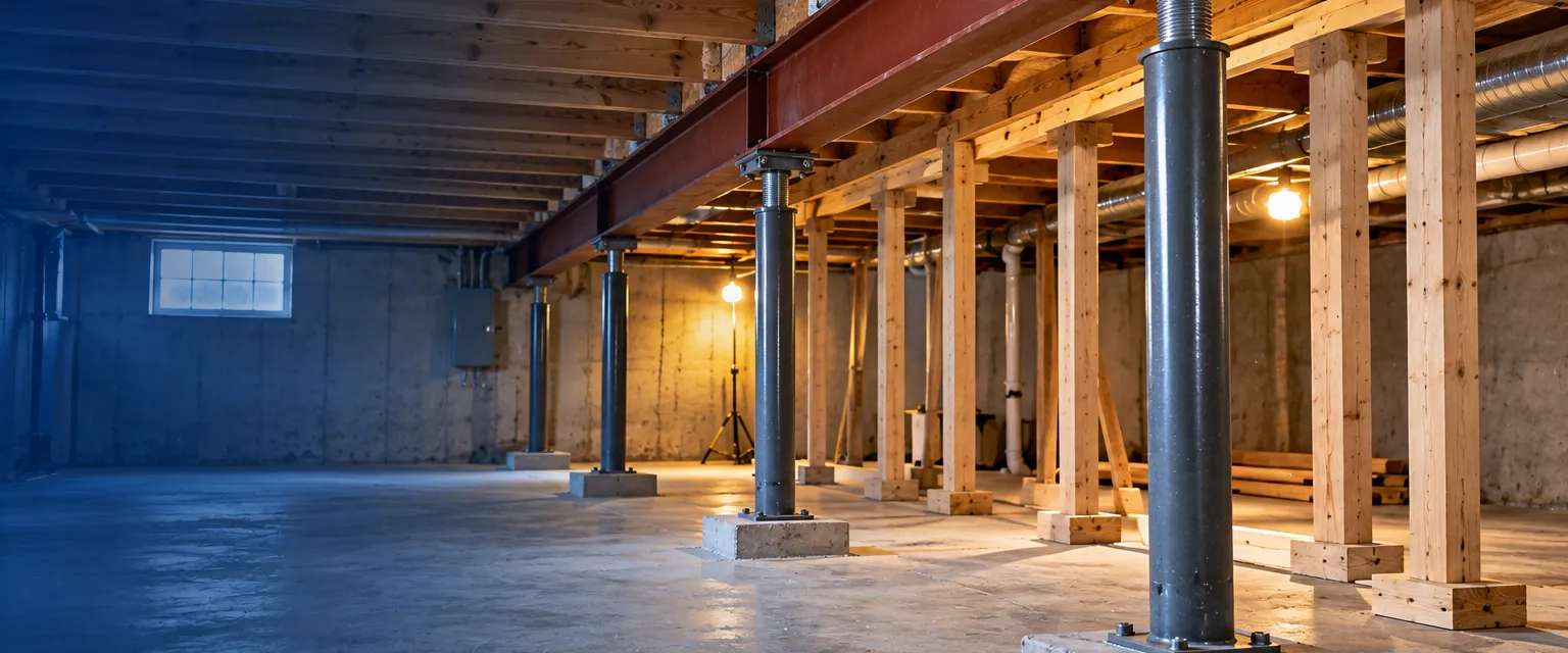 A basement with a new steel I-beam in place under the floor joists, supported by adjustable steel posts on fresh footings, temporary wood shoring stacked neatly beside it under bright work lights
