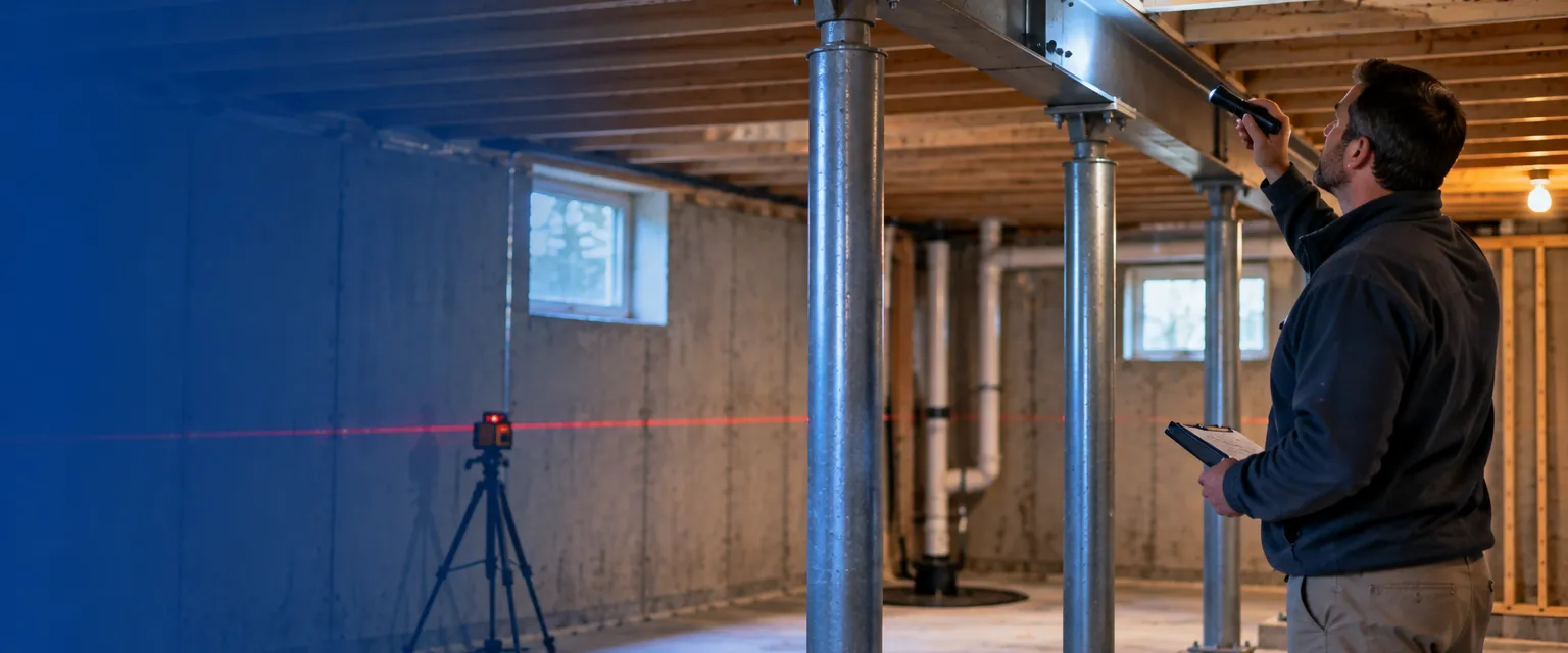 A structural engineer shining a flashlight along a steel beam and adjustable columns in an unfinished basement, a laser level line on the foundation wall