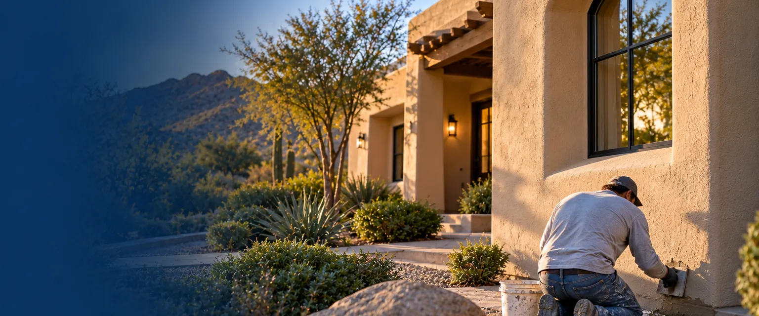A single-story home with smooth sand-colored stucco walls, rounded corners and a deep-set arched window, a worker in a long-sleeve shirt and gloves troweling a patch near the foundation