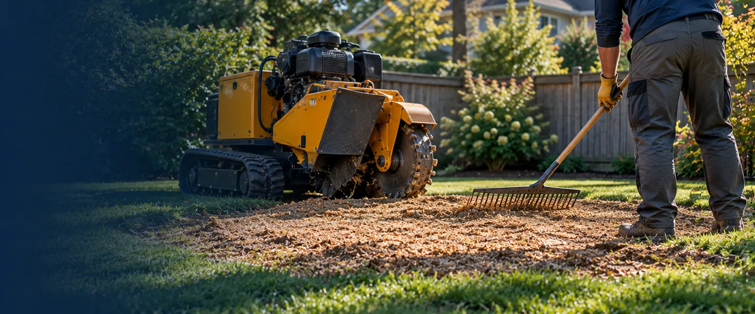 A patch of fresh wood chips where a stump stood in a lawn, a compact stump grinder beside it and a worker raking chips