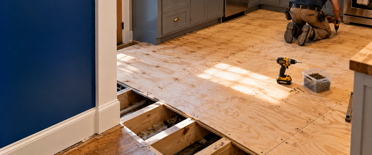 A kitchen work area with old flooring removed and a new sheet of plywood subfloor screwed down over sistered joists, a drill resting on it