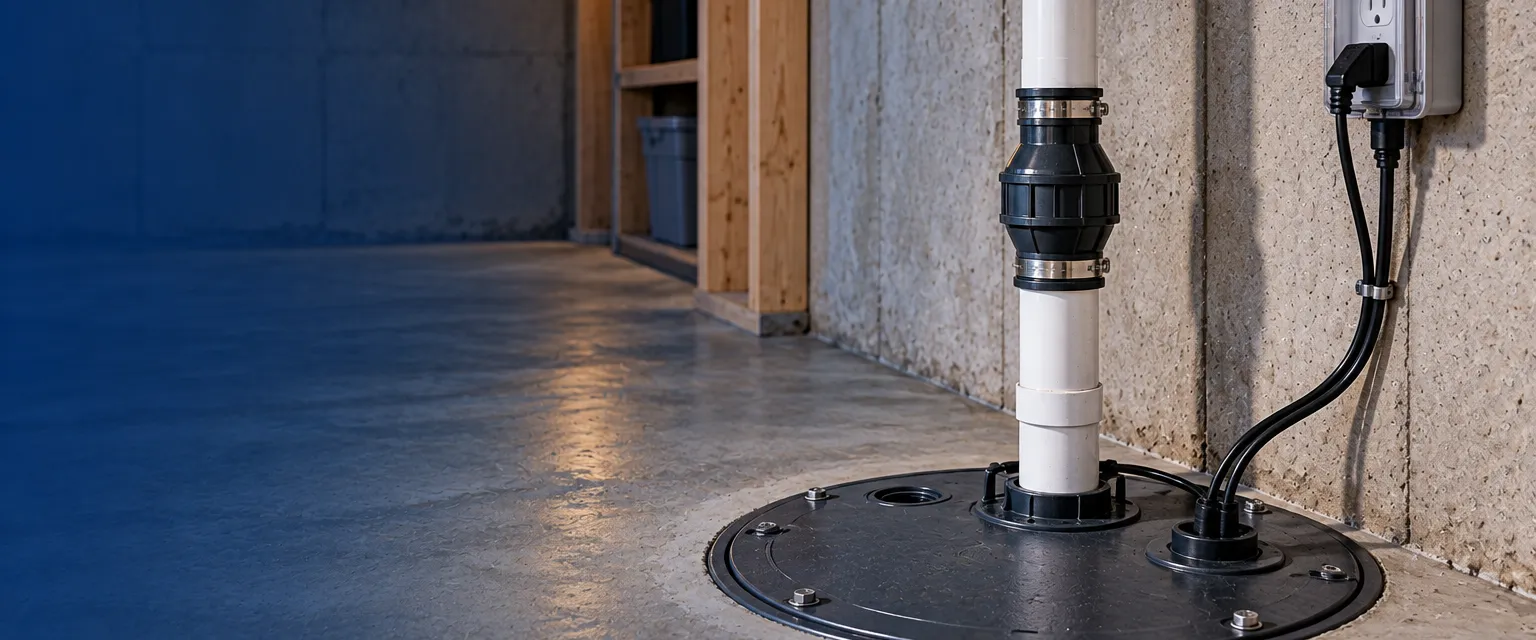 A new sump pump set in a clean plastic basin with a sealed lid in a dry basement floor, a white discharge pipe rising with a check valve and running up the wall to a covered outlet