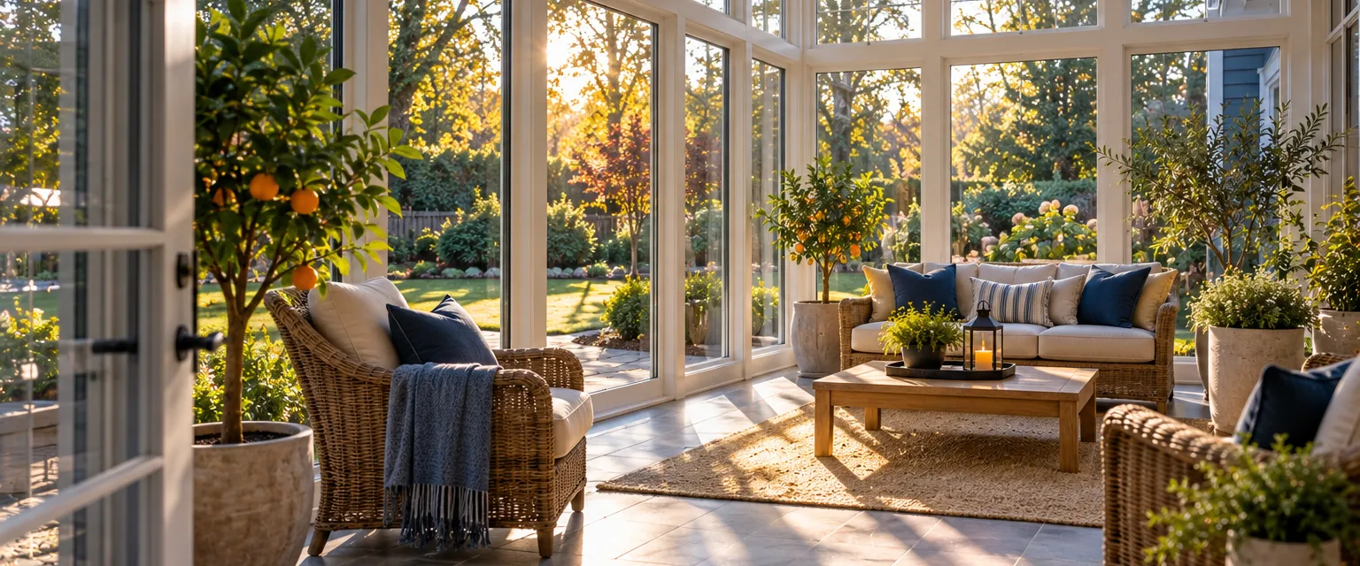 A sunroom with floor-to-ceiling windows on three sides, wicker chairs, potted citrus trees and a tile floor in afternoon light