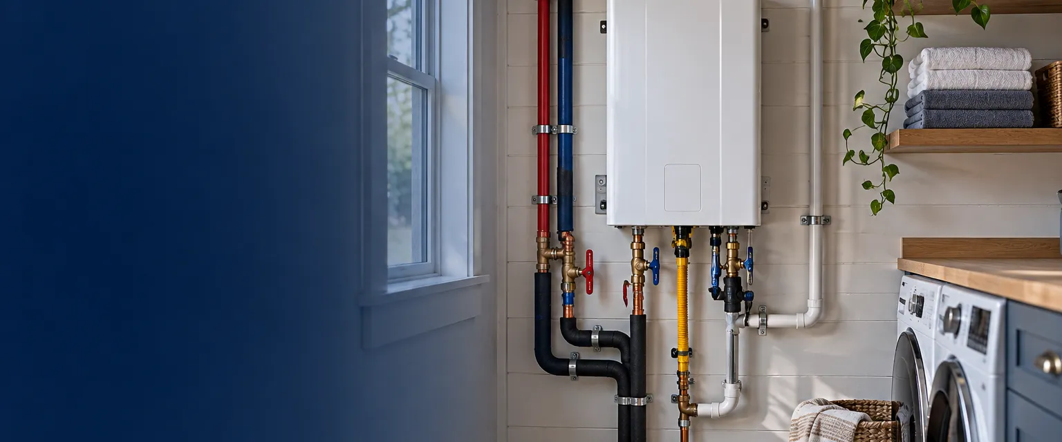 A compact white tankless water heater mounted on a laundry room wall with insulated supply lines, isolation valves and a vent pipe rising through the ceiling