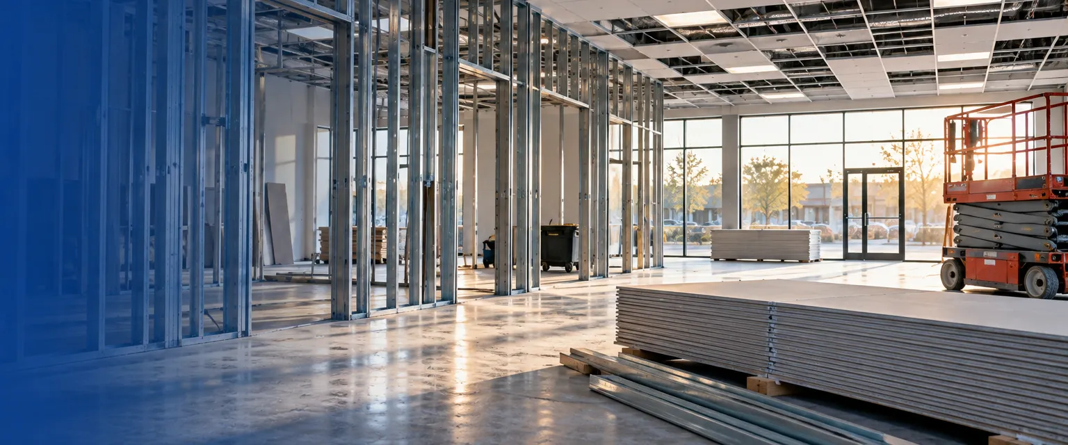 An empty retail suite mid-build-out with metal stud partitions, a partly hung acoustic ceiling grid, stacked drywall and bright storefront glass
