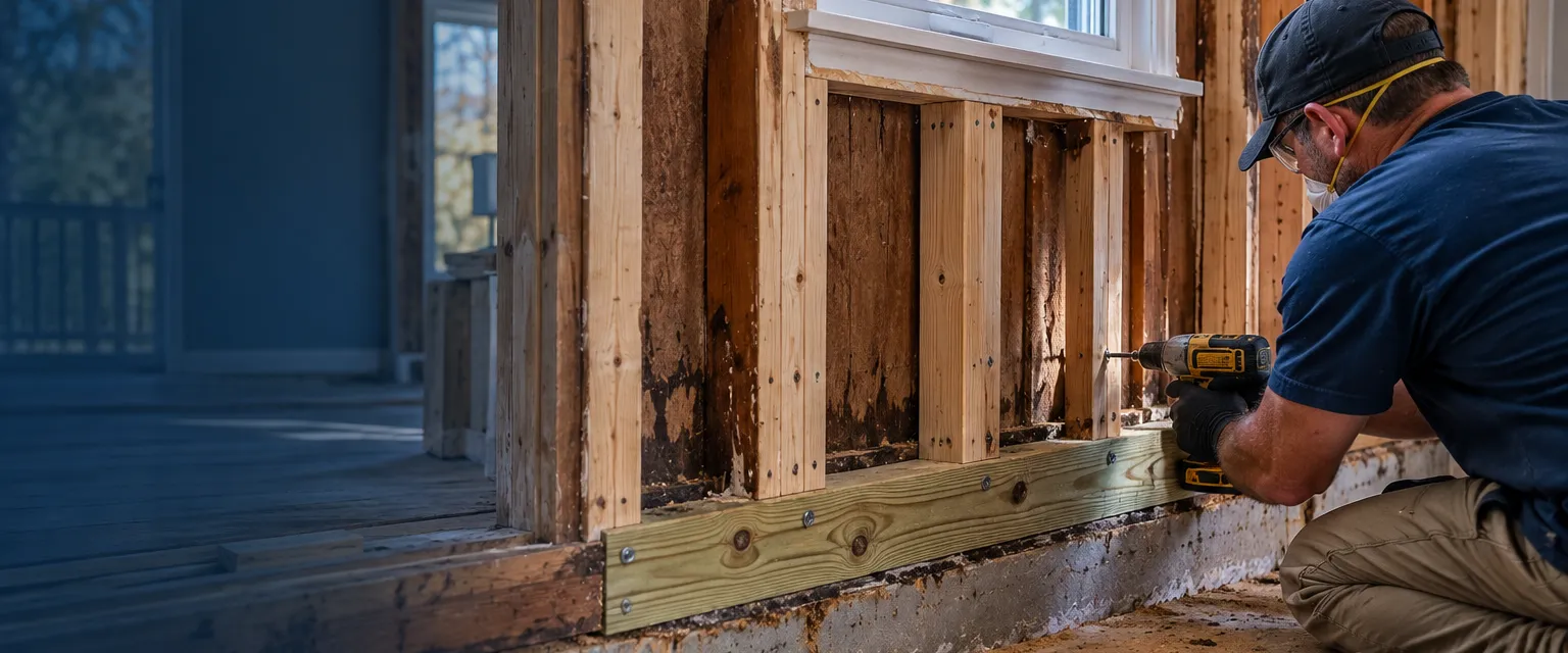 An opened wall in a ranch house with a new pressure-treated sill plate and fresh studs sistered beside older framing, a carpenter in safety gear driving screws