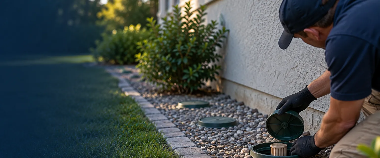 A gloved technician kneeling beside a stucco foundation checking an in-ground termite bait station with its lid lifted, more stations spaced along the wall