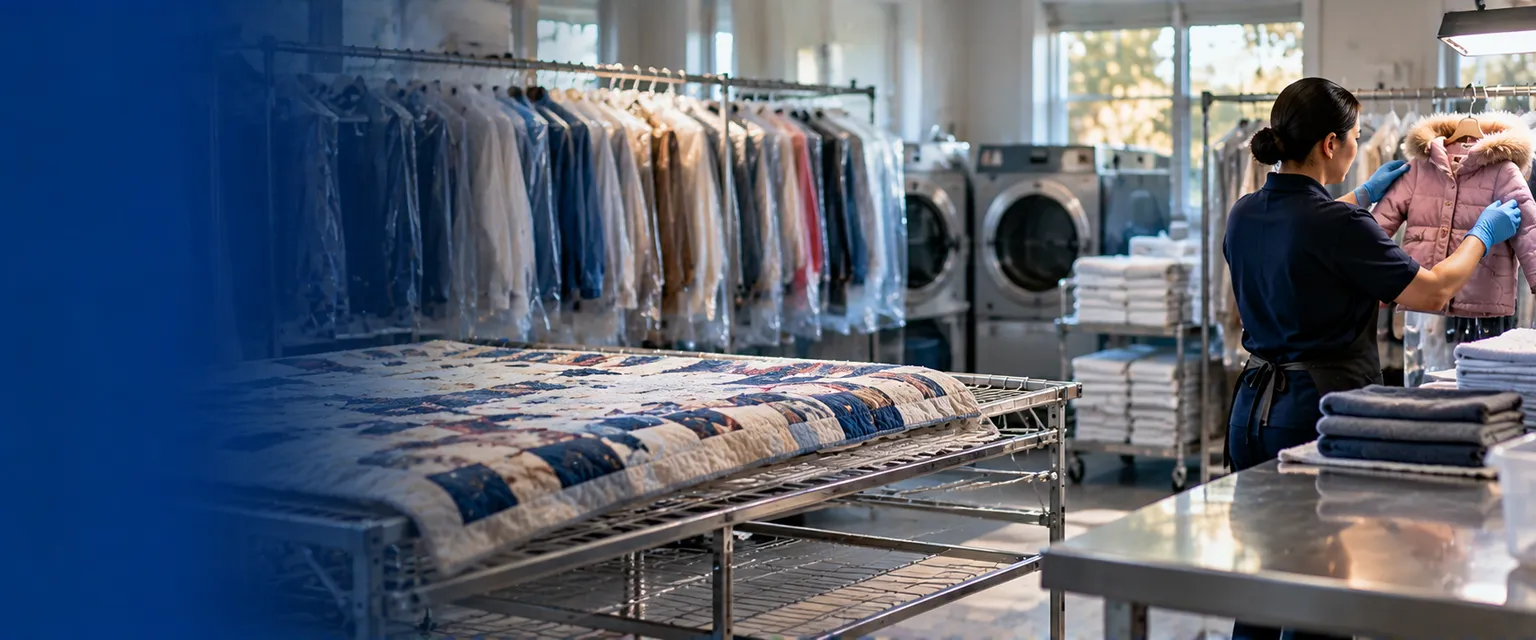 A processing room with freshly cleaned clothing in clear covers, a quilt drying on a mesh rack and a worker inspecting a child's coat