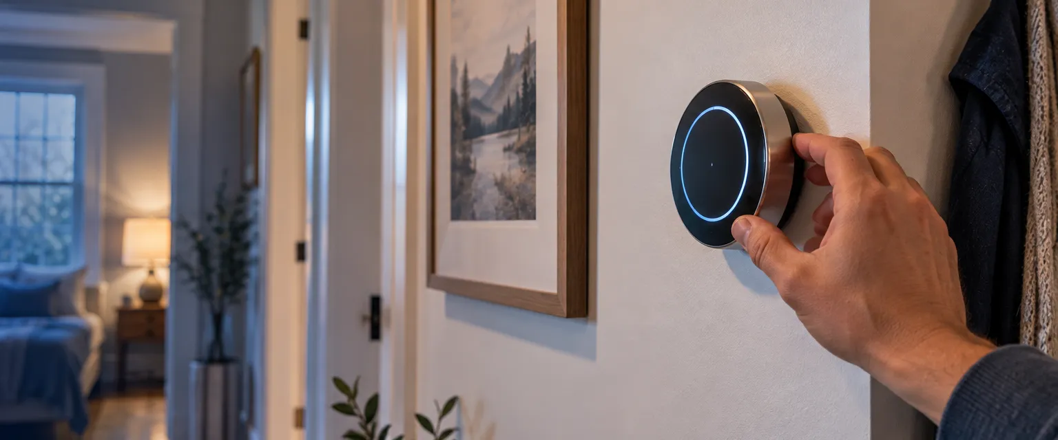 A round smart thermostat with a softly glowing blank ring mounted on a hallway wall painted warm white, a hand adjusting its bezel, a framed landscape print and a coat hook nearby