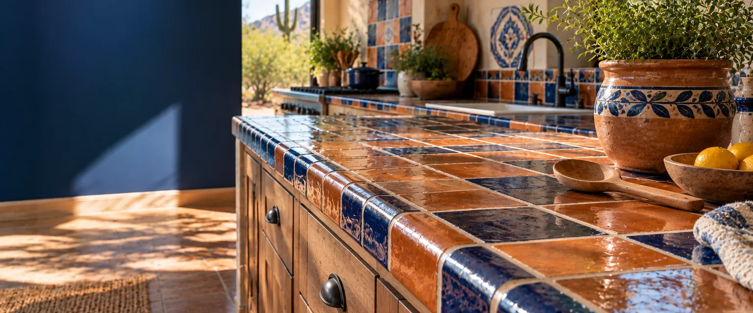 A southwestern kitchen counter of glazed terracotta and cobalt tiles with crisp grout lines and a tiled bullnose edge, a pot of herbs on top